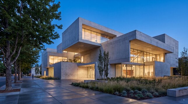 Contemporary brutalist concrete building with glowing glass interiors, landscaped courtyard, and tree-lined sidewalk at blue hour in an urban setting