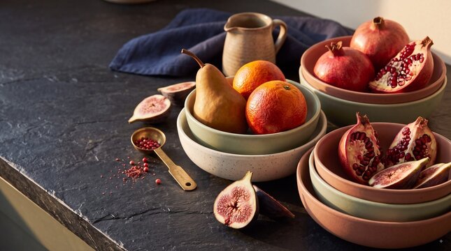 Seasonal fruit still life with pomegranates, figs, pear and oranges in ceramic bowls on dark stone table, rustic autumn kitchen styling with warm natural light