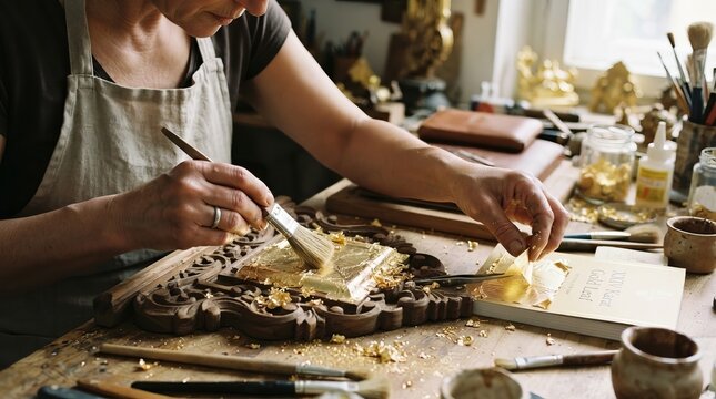 Artisans skillfully transform delicate gold leaf and shimmering flakes into exquisite decorations