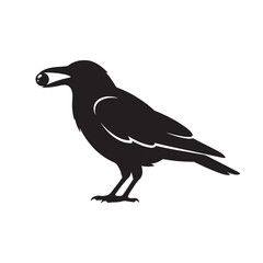 Fototapeta premium Minimalist black silhouette of a crow holding a small round object in its beak