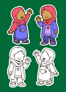 Girl in Hijab Color and Outline Illustration Set