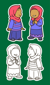 Girl Wearing Hijab Greeting and Standing Color and Outline Illustration Set