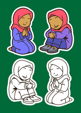 Girl in Hijab Praying and Sitting Color and Outline Illustration Set