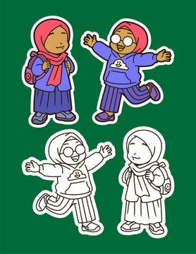Muslim Schoolgirls Color and Outline Illustration Set