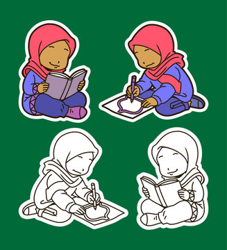 Girl Reading and Writing Hijab Illustration Set