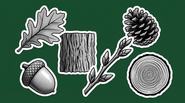 Hand drawn forest nature elements featuring oak leaf acorn pinecone tree branch and wood cross section