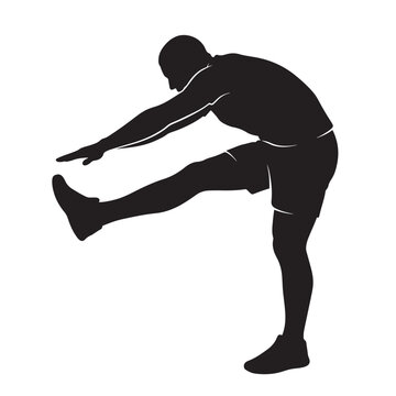 Silhouette of a man performing a standing hamstring stretch isolated on white background