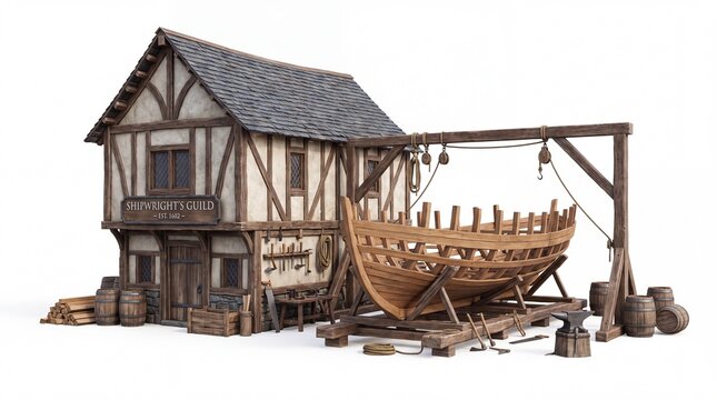 Medieval Wooden Shipyard Workshop Building with Exposed Timber Frame Construction and Traditional Boat Building Equipment