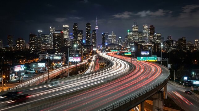 Stunning Night Panorama View Overlooking Elevated City Concrete Highway with Busy Moving Car Traffic