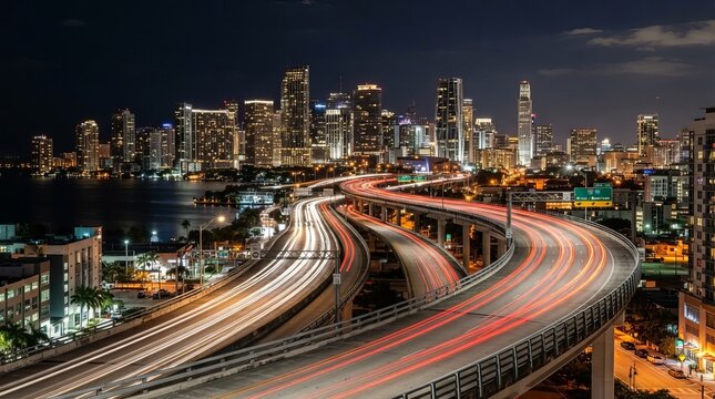 Stunning Nighttime Elevated Highway With Vibrant Light Trails Leading To A Modern Illuminating City