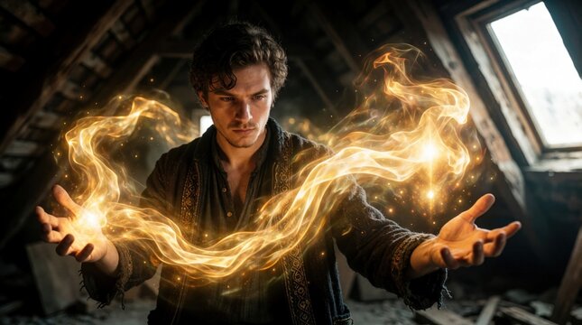 Young man channels mystical energy from attic with golden light beams. He conjures magic glow with hands, sparks fly, creating wonder and spiritual fantasy scene.