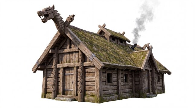Authentic Traditional Viking Longhouse Constructed from Aged Timber with Intricate Dragon Head Carvings and Mossy Roof Isolated on White Background