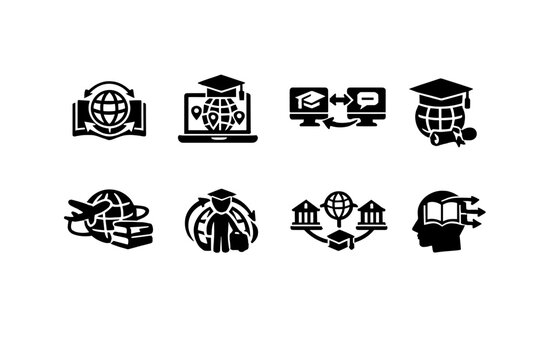 Cross-Border Education Icons. Cross border education. Filled icon set of Cross border education: borderless