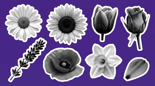 Set of various botanical flowers illustrated with a vintage halftone print effect against purple background