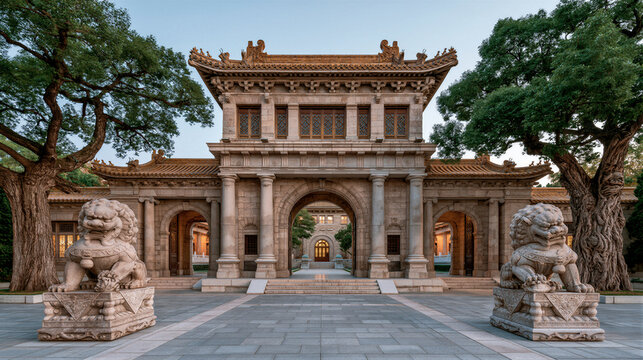 Nanjing Presidential Palace gate blending Chinese roofs and Western columns under golden hour light. Stone lions, arched courtyards, and open negative space ideal for historical documentaries or...
