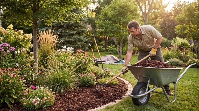 Garden Maintenance Activities, A professional landscaper carefully spreads rich wood mulch around trees and flowers