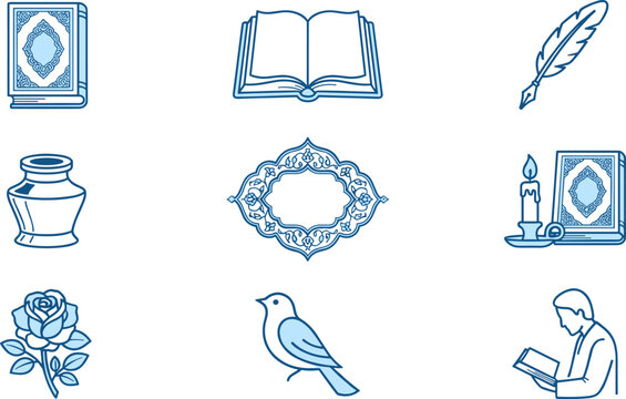 Collection of cultural and literary icons including books, quill pen, inkwell, rose, bird, and reading person