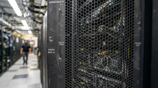 Data Center Server Rack with Networking Hardware and Cooling Systems in an Industrial Facility Hall.