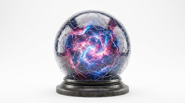 Mystical cracked crystal ball with swirling cosmic energy representing future predictions magic and the unknown universe isolated on white