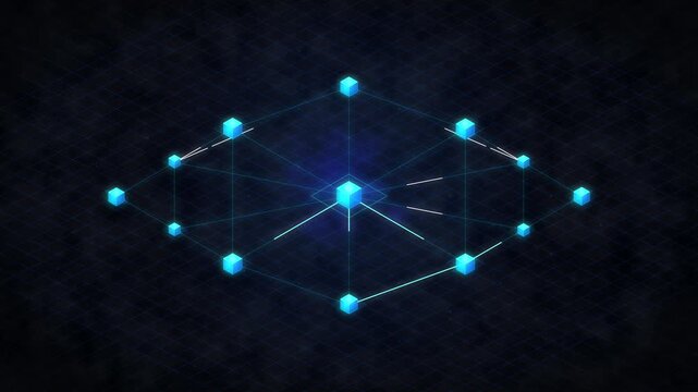 Abstract cyber wireframe network of glowing blue nodes, big data transfer concept, digital information flow