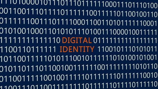 Digital identity text or word with digital binary animation background, designed for an illustrative digital world technology concept representing online user profiles, digital credentials