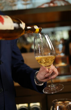 Sommelier Pouring White Wine into Decorated Glasses in Restaurant