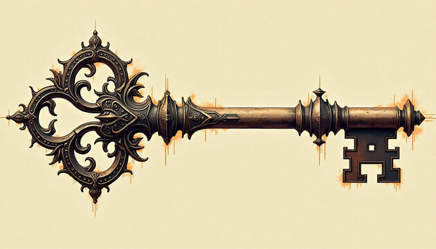 Vintage ornate bronze skeleton key illustration with gothic filigree pattern isolated on beige background. Security and secret concept