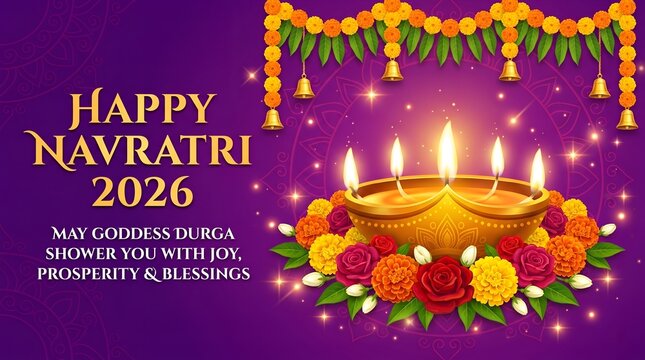 Happy navratri 2026 greeting card with a traditional brass oil lamp on a floral rangoli pattern