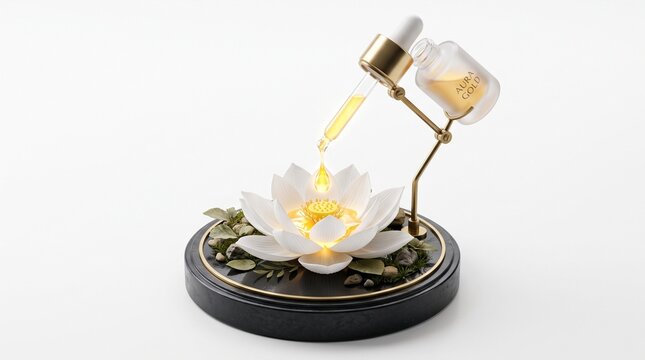 Luxurious essential oil dropper dispensing golden liquid onto a serene white lotus flower an elegant 3D render ideal for beauty wellness and spa concepts