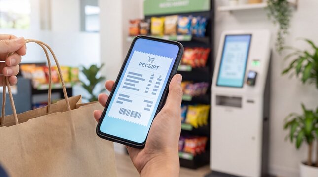 Digital Transactions, A close-up of a smartphone displaying a digital receipt next to a shopping bag