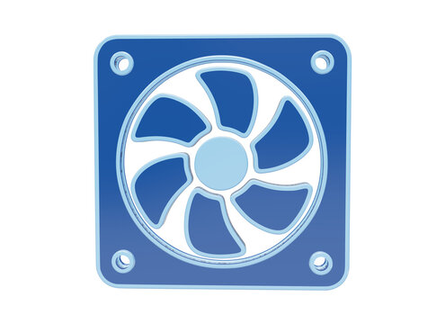 Blue computer cooling fan with a light blue border, isolated on a white background, 3d render hardware