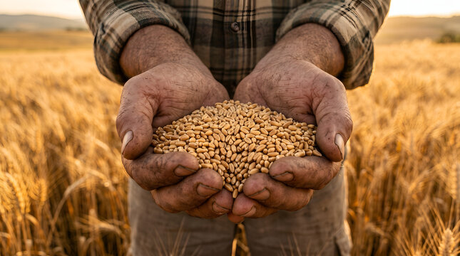 Farmer hands holding organic wheat grains in a golden field