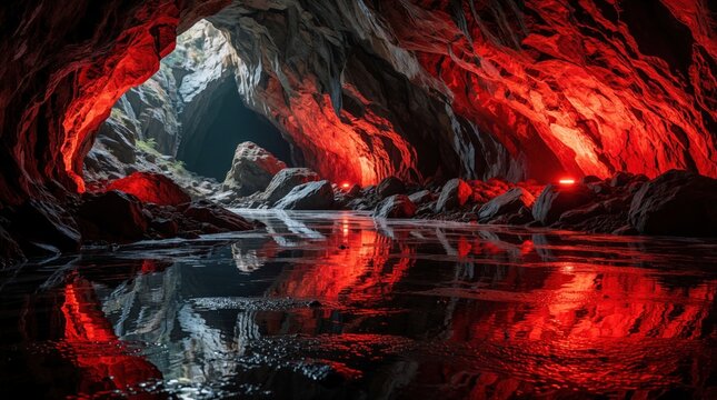 Mystical underground cave with dramatic red light. Rugged rock formations, stones reflect in calm dark water pool. Surreal cavern landscape with glowing crimson illumination creates mysterious