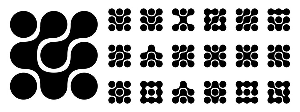 Connect icon abstract and metaball logo shape with pattern organic dot. Vector bio liquid and technology grid movement with neuron simple cell. Form metaball logo and atom connect element.