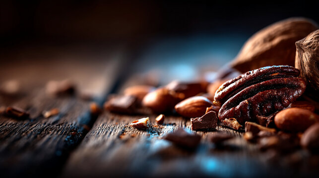 Close up of assorted nuts including pecans on a rustic dark wooden surface with mixed nuts