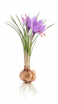 A detailed studio shot of a saffron crocus plant showing the entire lifecycle from the roots and bulb to the green leaves and beautiful purple flowers with red stigmas isolated on a clean white bac...