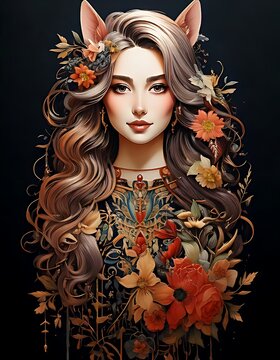 Enchanting Digital Portrait of a Beautiful Fantasy Elf Woman Surrounded by Flowers.