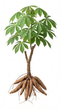 An isolated cassava plant featuring vibrant green palmate leaves, a central woody stem, and a large cluster of raw brown tuberous roots. This detailed botanical illustration is perfect for agricult...