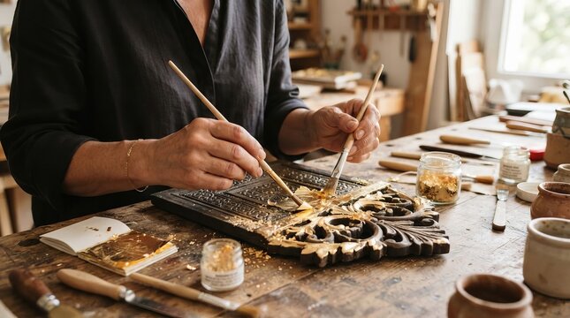Professional artisan applying gold leaves on detailed ornamental wood carving in design workshop.