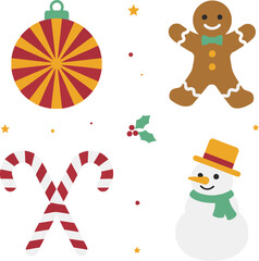 Naklejka premium Christmas holiday gingerbread man snowman candy canes bauble holly