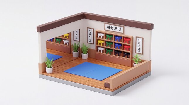 Miniature Isometric 3D Illustration of a Traditional Martial Arts Dojang Studio with Colored Belts on Display Shelves and Training Mats