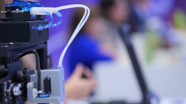 Close-up of 3D printer in action. Blue filament feeds into machine. Background shows blurred people and laptops. Focus on mechanical movement and precision. Modern technology theme