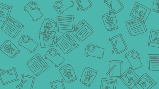 Technology or officerelated designs, projectors, shopping carts, and document icons in teal line drawings background. Suitable for presentations.