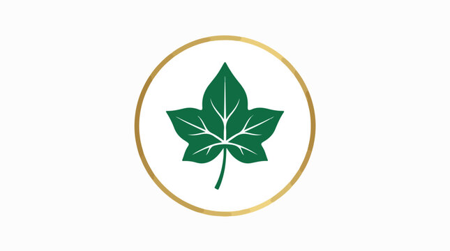 An elegant ivy leaf silhouette enclosed in a thin circular frame. High-end luxury aesthetic with a sophisticated mood. Rendered with soft even lighting. Solid emerald green and metallic gold