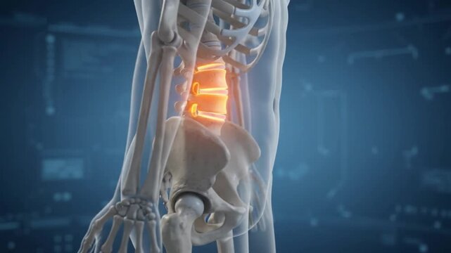 Human Skeleton Anatomy 3D Animation Lumbar Spine and Pelvis Detail on Blue Background