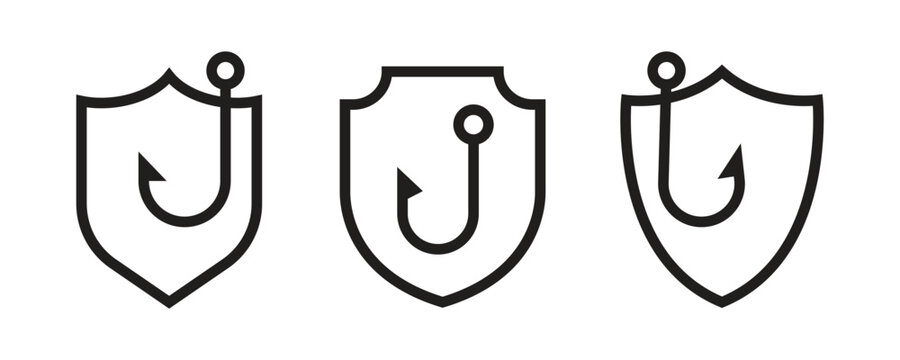 Anti Phishing Shield Hook Outline Icon Set.