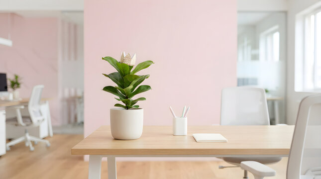 A small potted green plant wearing a tiny paper crown sits on a wooden desk inside a bright modern office with pastel pink walls and minimalist decor.