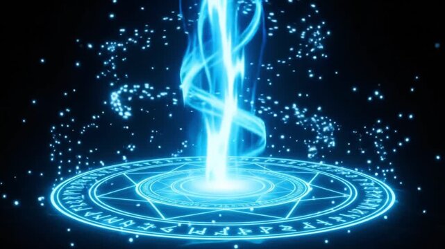 Magical blue neon magic circle portal with glowing energy beam and particle sparkles loop.