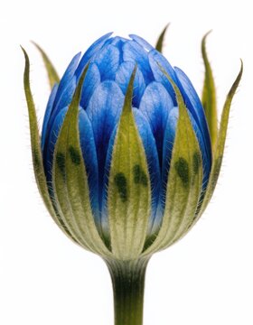 Beautiful vibrant blue flower bud with green sepals