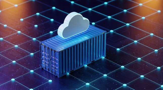 Blue shipping container with white cloud icon on digital network grid background. 3D concept for cloud computing, data storage, logistics tech. Virtual server hosting, information management,
